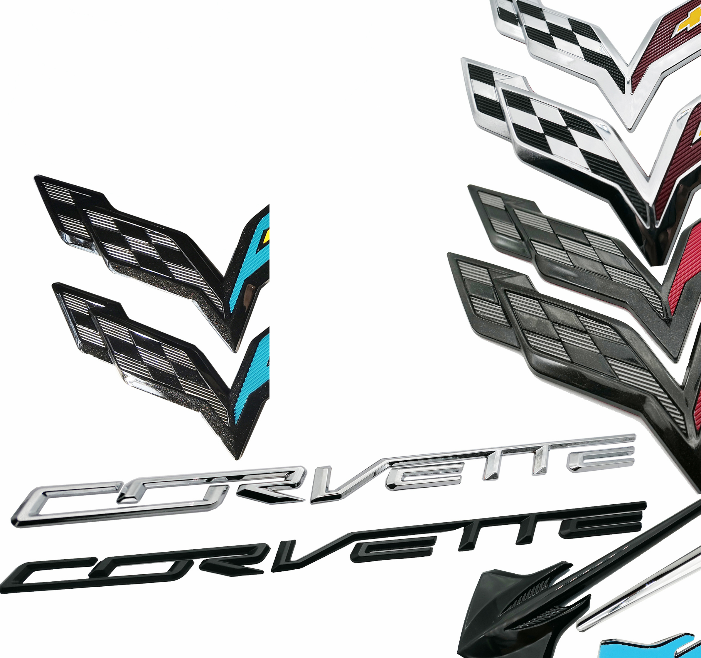 

For 2014-2019 C7 Corvette GM Carbon Flash Black Blue Chrome Letter Emblem Badge Kit Front Rear bumper crossed flags Stingray