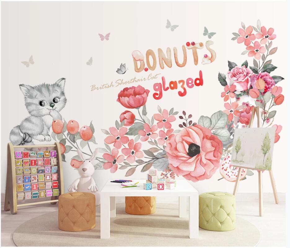 

3d wall murals wallpaper for walls 3 d Cute cartoon drawing cat flower children room background 3d wallpaer custom photo mural home decor, Non-woven wallpaper