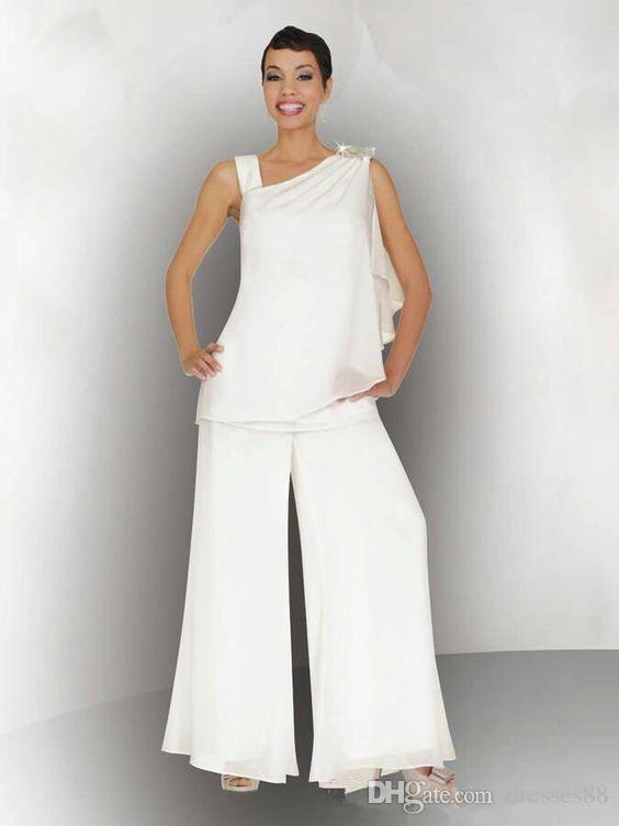 

2019 Elegant Ivory Mother Of The Bride Groom Pant Suit Ruched Crystal Plus Size Ivory Chiffon Formal Wedding Guest Dresses