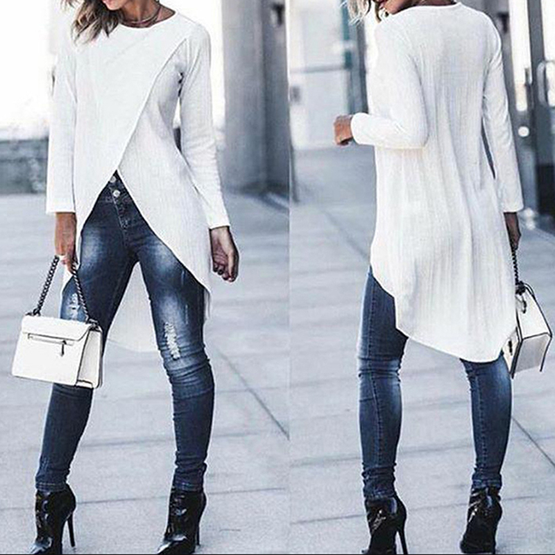 

Casual Ladies Long Sleeve Top Fashion Women Shirt Female Solid Color O-neck Blouses Womens Loose Plus Size Irregular Hem Blouse227S, White