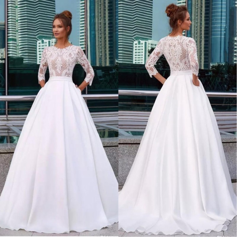 

Vintage 2020 Princess Wedding Dresses Jewel Neck 3/4 Sleeve Lace Appliques Country Bridal Gowns with Pocket Satin Vestido De Novia bc3459, Champagne