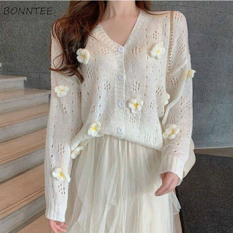 

Cardigan Women Solid Hollow Out Floral Thin Outwear Sheer Knitwear Loose Sweet Girls 2XL Lovely Chic Slim Trendy Student Female, White