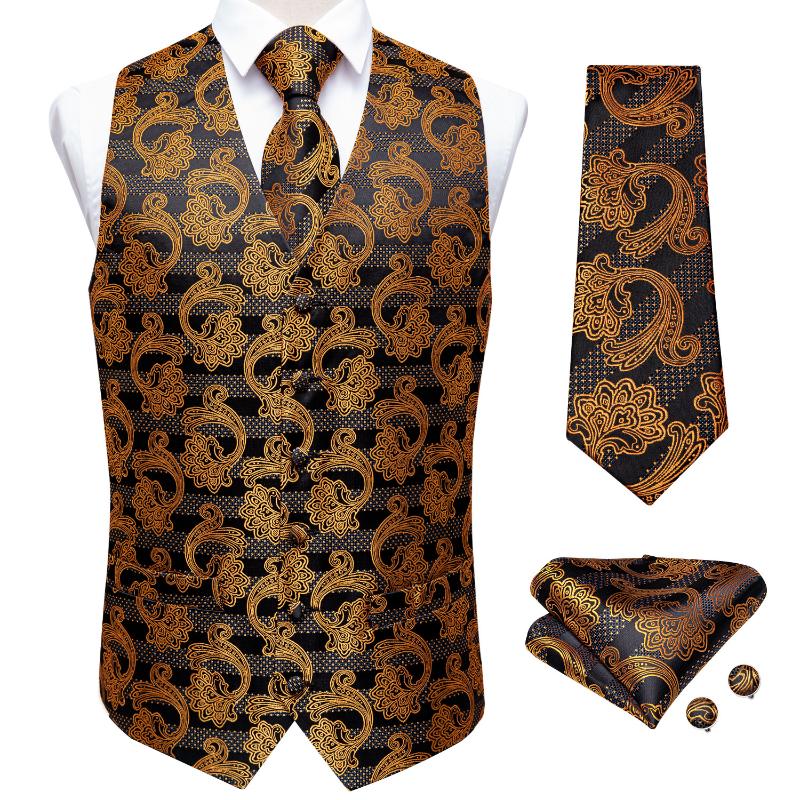 

Mens Suit Vest Gold Paisley Black Silk Waistcoat Business Wedding Party Vest Tie Pocket Square Set Sleeveless Jacket DiBanGu, Vj-0123
