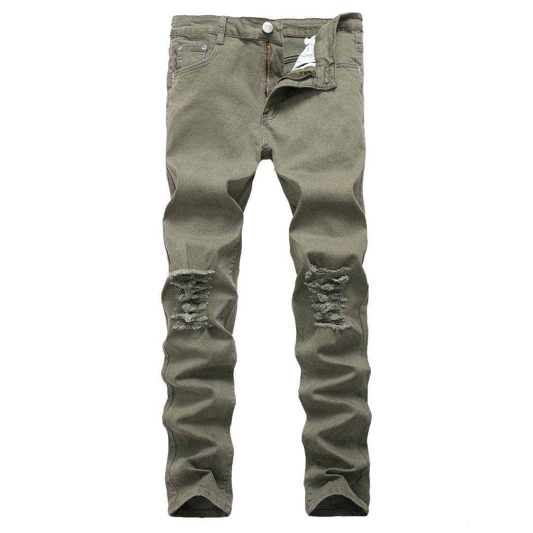 

Motorcycle high street hip hop hole jeans Destroyed men Jeans Slim Mens Biker stretch Demin Trousers Army green size 42, Blue
