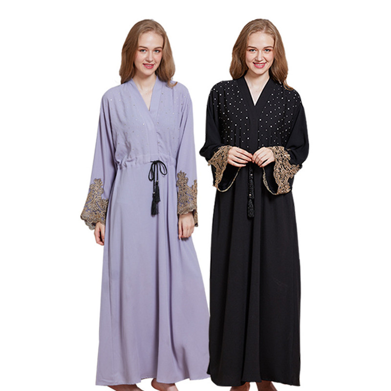 

Muslim Abaya Kimono 2020 Women Fashion Ruffsleeve Long Outwear Cardigans with belt Arab Dubai Women Muslim Dress