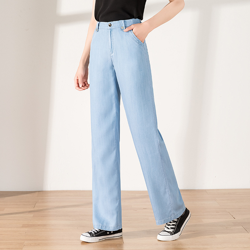 

new spring and summer 2020 elastic waist jeans female high straight loose waist thin wide-legged pants 20101 b, See chart