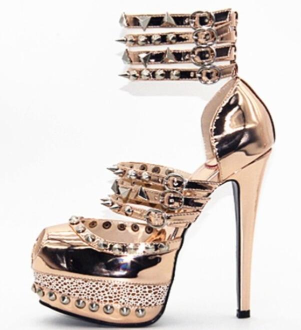 

fashion woman high platform rivet high heel sandals peep toe belts strap buckle high platform sandal woman black gold, Customize