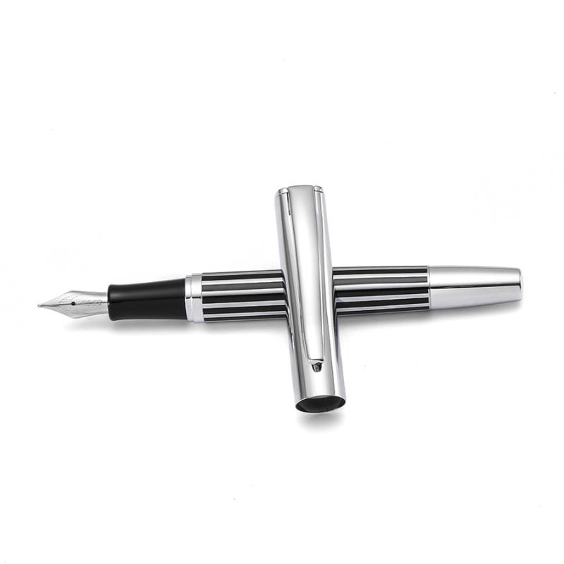 

Baoer [Sober] Fountain Pen, Black Stripe Lacquer Barrel, Silver Trim Stainless Steel Medium Nib, Office School Signature A6259, Red