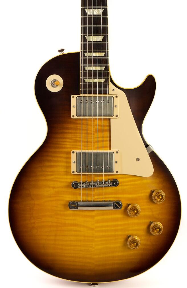 

Custom Shop Joe Perry 1959 VOS Faded Tobacco Sunburst Big Fat Flame Maple Top Electric Guitar Cream Body Binding, Little Pin Tone Pro Bridge