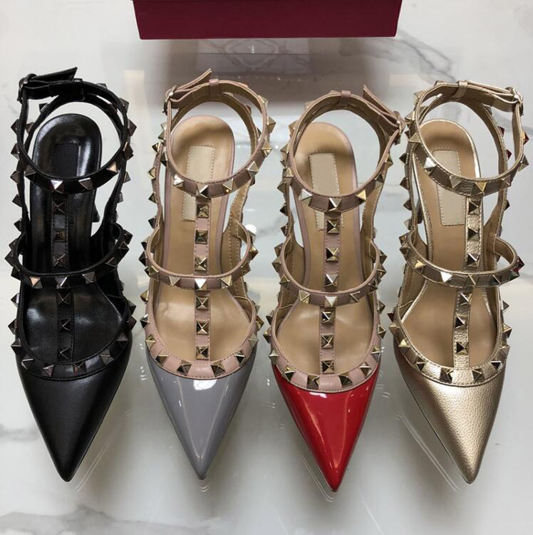 

2019 Patent Leather Women Stud Sandals Point Toe Two Ankle Buckles Ladies Sexy Rivets High Heels Neon Color Dress Shoes, Wine red