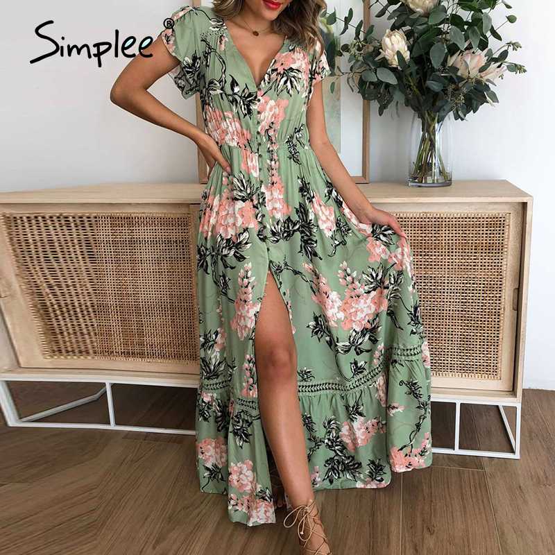 

Simplee V neck floral print holiday beach dress women Ruffle short sleeve buttons female beach dress Spring summer ladies, Green