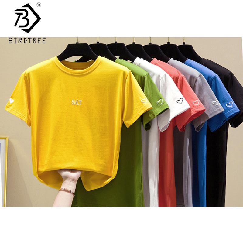 

7 Colors New Cotton T-shirt For Women 2020 Summer Letter Short Sleeve O-Neck Elastic Casual Slim Tops All Match T02602K, Orange