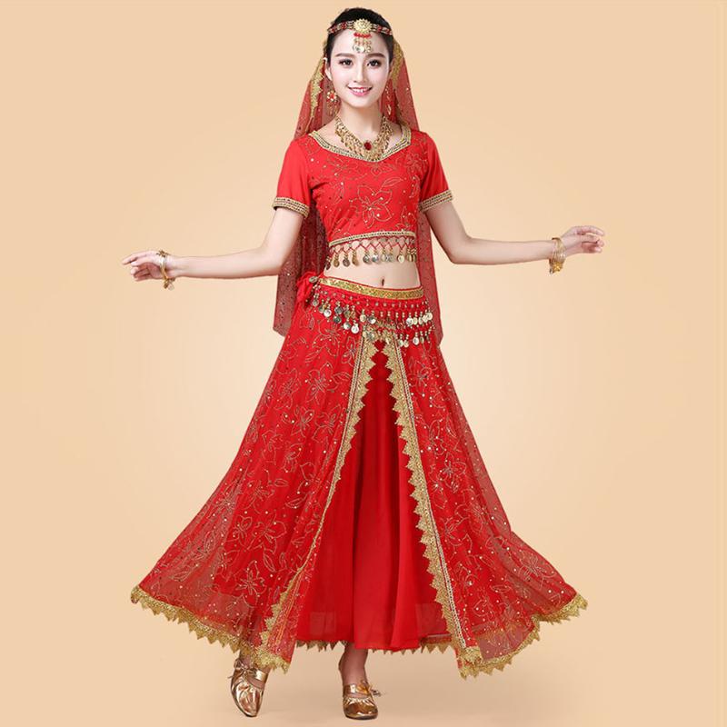 

Belly dance dress Set Women Tops Skirt Waist Chain Veil Headdress Earring Bracelet Bellydance costume Dancing Performance 0054, Pink 002 style