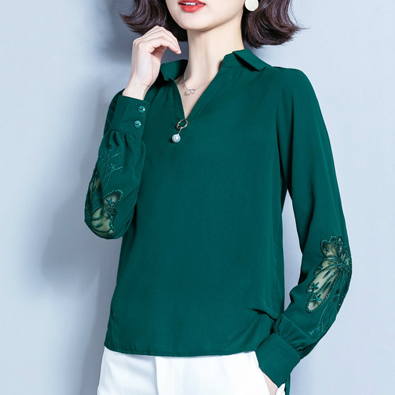 

Women' Long Sleeve Chiffon Solid Beads V-neck Hollow Top Long Sleeve Plus Size Shirt, Black