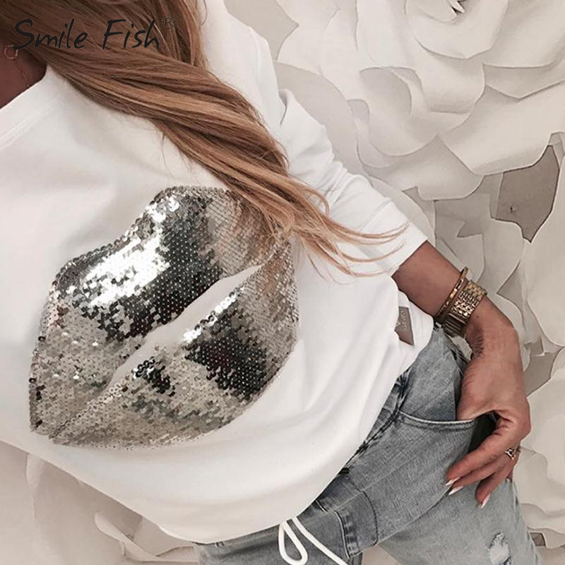 

Harajuku Sequined Lip Patchwork Women Casual White Tee Shirt Pullover Tops 2020 Femme Long Sleeve O-neck Jumper Streetwear G1113, Gray