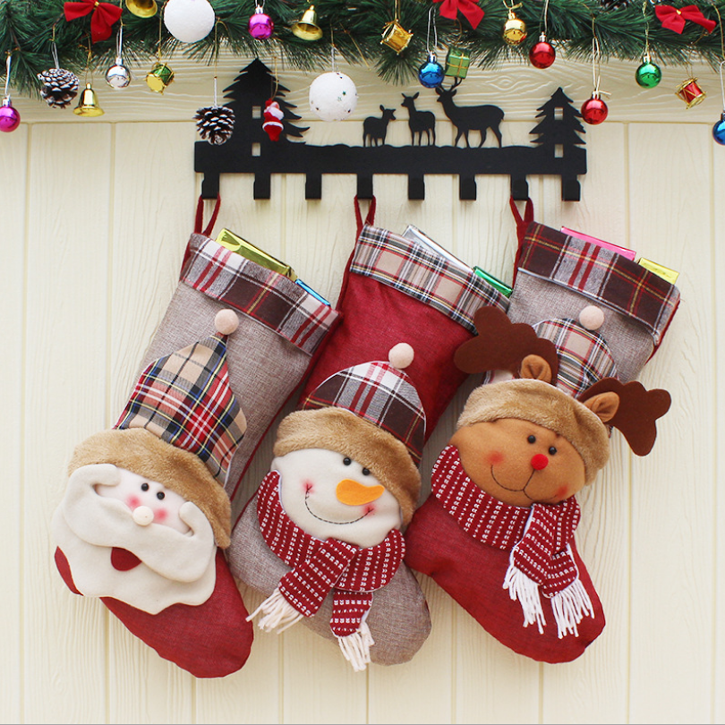 

OurWarm Large Christmas Stocking Santa Claus Sock Plaid Burlap Gift Holder Christmas Tree Decoration New Year Gift Candy Bags