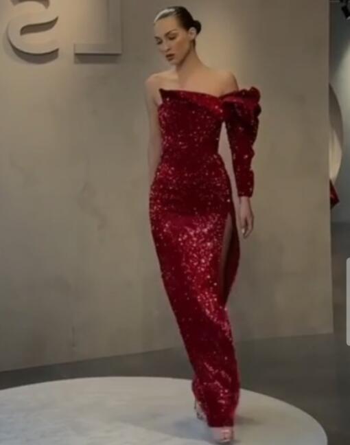 

Evening dress Yousef aljasmi Bodycon Dresses Strapless Sheath Column Ankle-Length Single long sleeve Strapless backless High split, Red