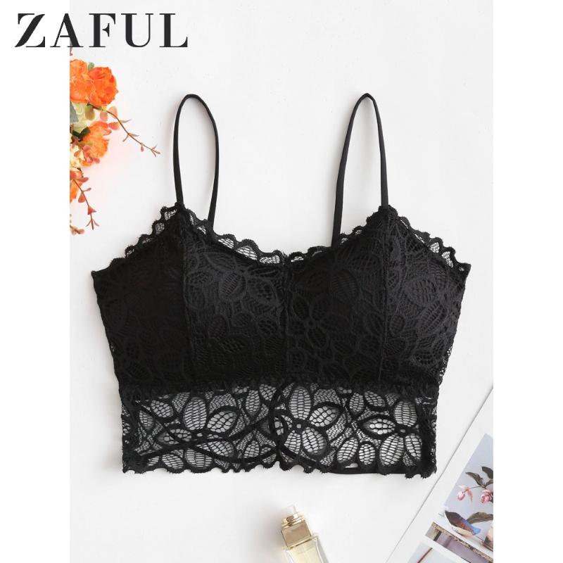 

ZAFUL Floral Lace Padded Strappy Bralette Non-Adjusted Straps Open Back Bra Full Cup Lattice Women'S Intimates Bras One Size2020, Black