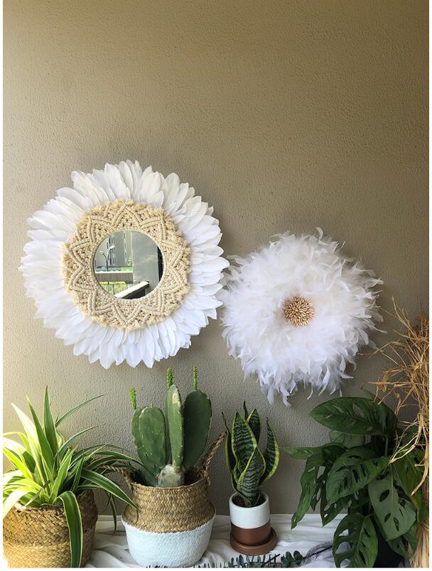 Hand woven feather mirror wall decoration Decorative Plates with Nordic porch creative living room sofa and homestay decorations-image-497261619