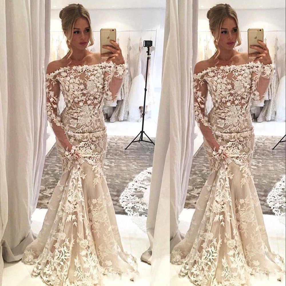 

New Sexy Arabic Champagne Mermaid Wedding Dresses Off Shoulder Long Sleeves Lace Appliques 3D Flowers Illusion Plus Size Formal Bridal Gowns, White