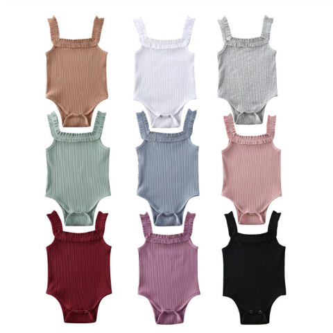 

2020 Baby Summer Bodysuit Baby Girl Sleeveless Cotton Bodysuit Ribbed Ruffled Jumpsuits Solid Playsuits 0-24M