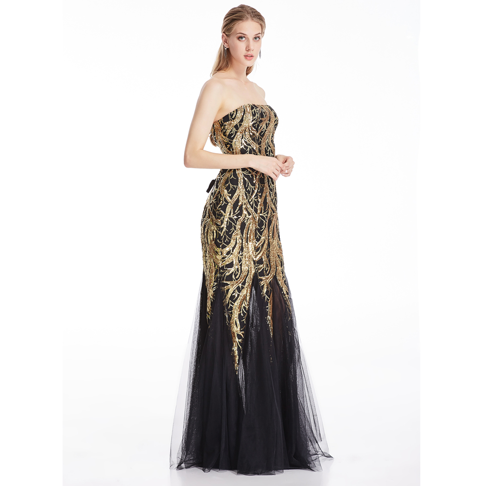 

Angel-fashions Women Strapless Sweetheart Sequins Paillette Tree Branch Tulle Mermaid Dresses Bridal Party Gowns for Women 101, Golden/black