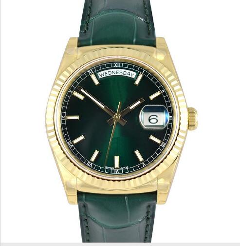 

New Green Mens Watch Day date Sweep Automatic Movement Mechanical green leather Date gold Sapphire Original Clasp Men Watches free shipping