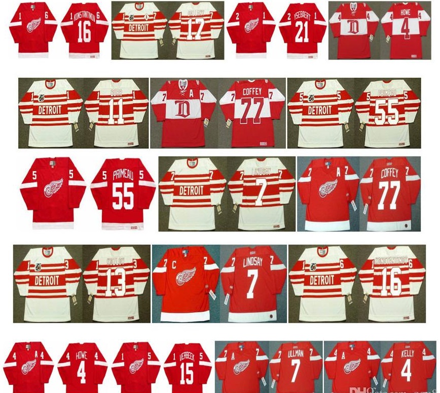 

Vintage Detroit Red Wings Jerseys 77 PAUL COFFEY 11 SHAWN BURR 55 KEITH PRIMEAU 7 Ted Lindsay 13 VYACHESLAV KOZLOV 7 NORM ULLMAN CCM Hockey, Colour 3