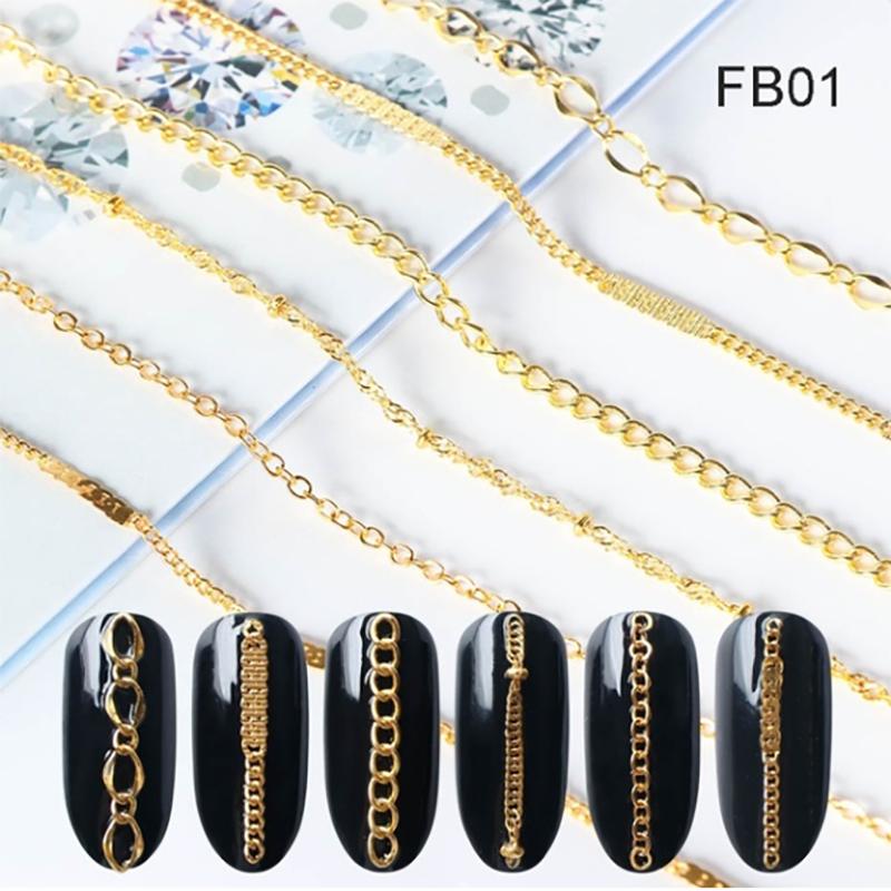

6Pcs/Set Fake Nails Press on Girls Finger Metal Chains 3D Charms False Nail Art Tips Full Cover Beauty Manicure Nail Art Tips, Fb03