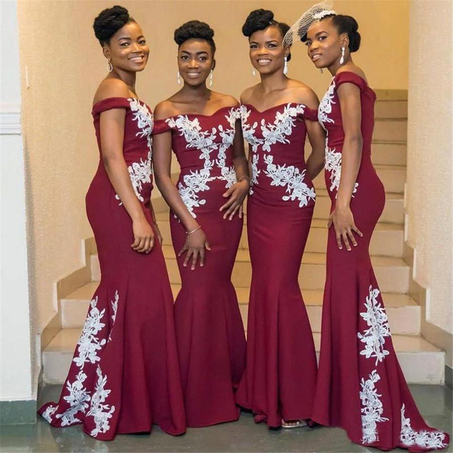 

2020 Elegant Burgundy With White Appliques Mermaid Bridesmaid Dresses African Off the Shoulder Long Wedding Guest Evening Prom Gowns BM1648