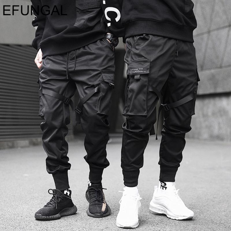 

Men Ribbons Cargo Pants Black Pocket Casual Streetwear 2020 Harem Joggers Hip Hop Trousers Harajuku Black Sweatpants