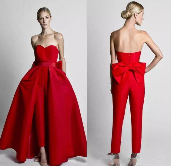 

Krikor Jabotian Modest Red Jumpsuits Wedding Dresses With Detachable Skirt Strapless Bride Gowns Party Pants for Women Custom Made Z77