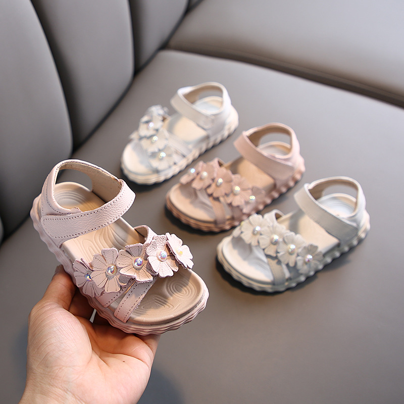 

Summer Girls Leisure Genuine Leather Sandals Flowers Princess Beach Shoes 1-3 Years Old Children's Shoes Girl Toddler, Beige