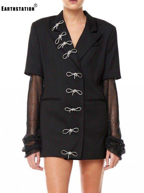 

Heavy craft diamonds bow decoration fashion personality short-sleeved suit jacket women spring and summer new mid-length, Black