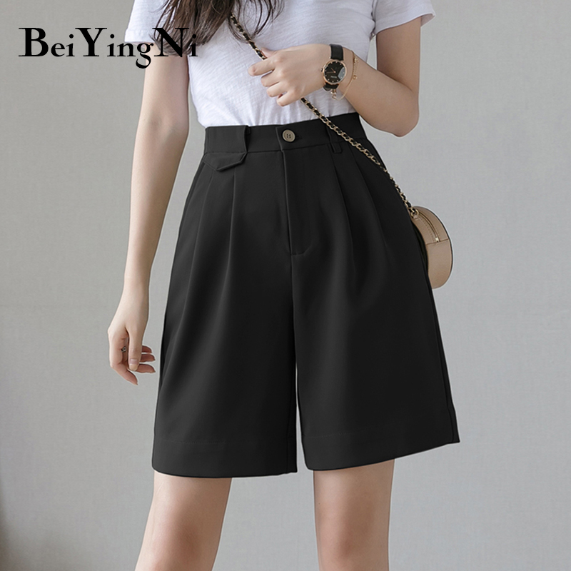 

Beiyingni Women Shorts High Waist Pockets Korean Style Fashion Casual Loose Shorts Female Plus Size Vintage Spodenki Damskie, Black
