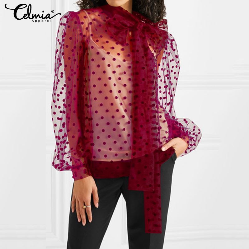 

Celmia Women Mesh Sheer Blouse See-through Long Sleeve Top Bow Collar Fashion Polka Dot Transparent White Shirt Female Blusas, Black