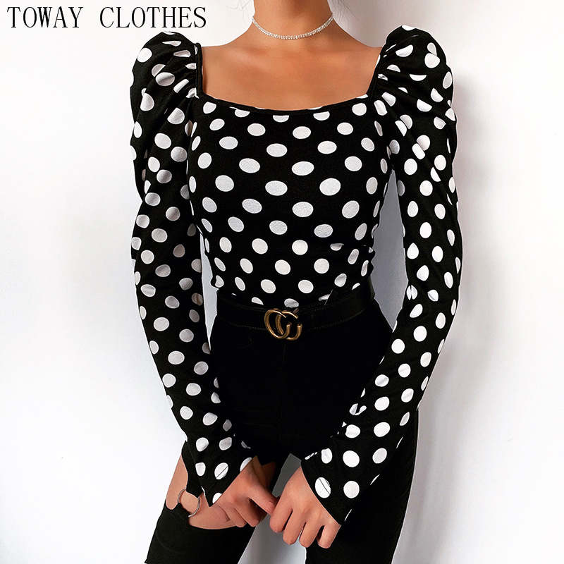 

Female Long Sleeve Black Shirt Dot Print Puffed Sleeve Blouse Streetwear Pullovers Spring Office Casual Pullovers, Dot shirt