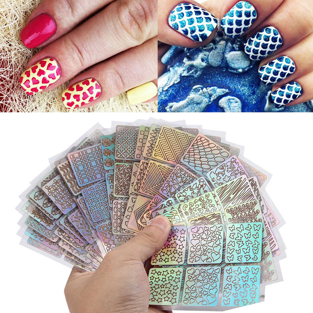 

New 20 Sheets New Nail Hollow Irregular Grid Stencil Reusable Manicure Stickers Stamping Template Nail Art Tools beautiful 2018