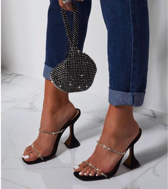 

2020 luxury style new fashion simple rhinestone wine glass with high-heeled slippers suede non-slip comfortable black color size 35-42