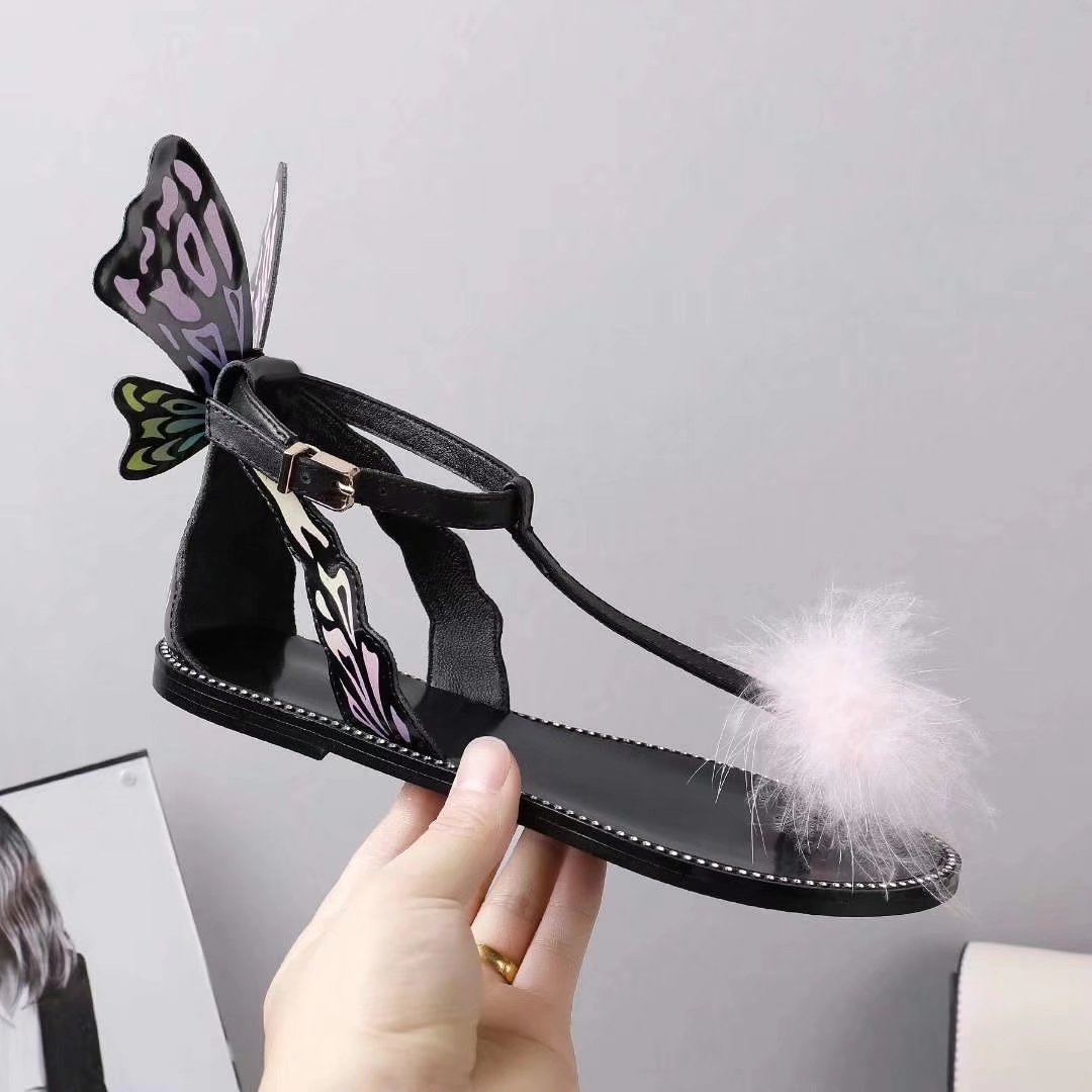 

Hot Sale-New 2018 Sophia Webster Flip Flops Butterfly Wing Ankle Sandals with fur Leather Summer Gladiators, Black