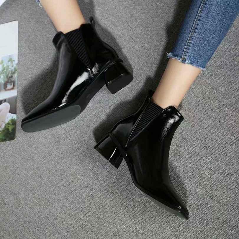 

Hot Sale-new patent leather mirror square head boots wine red black with high-top women's boots