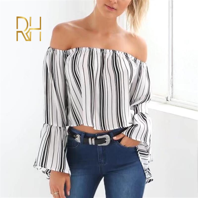

Womens Tops And Blouses Black and White Strip Sexy Off Shoulder Blouse Short Sleeve Casual Slash Neck Tops Female Blusa Feminina