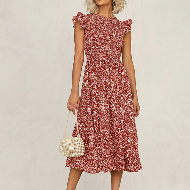 

Summer Elegant Sexy beach Dress Women 2020 Fashion Printed High waist with small broken flower ears Ladies dress women vestidos, Red