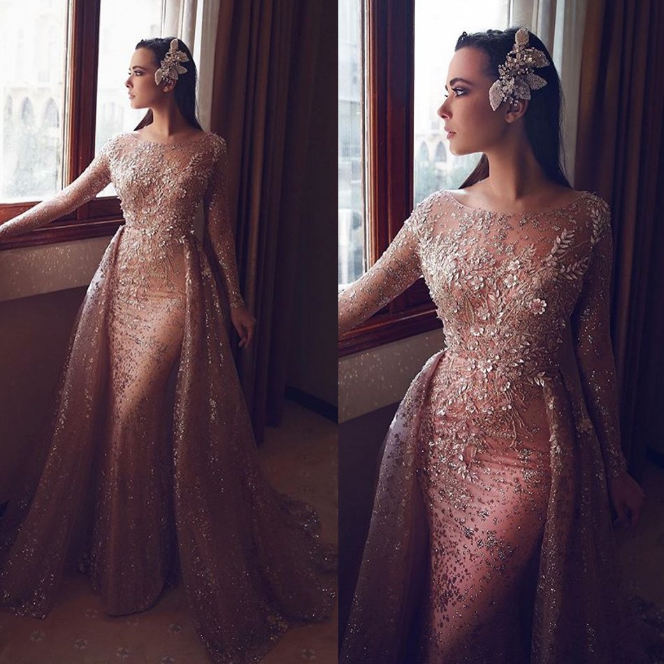

Luxury Beading Mermaid Evening Dresses With Detachable Train Long Sleeve Lace Appliqued Formal Party Gowns Special Occasion Prom Dress, Water melon
