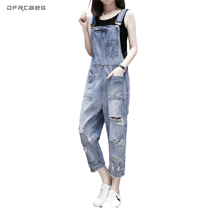 

Loose Ripped Suspender Jumpsuit Denim Pants With Hole 2020 Summer High Waist Streetwear Romper Vintage Jeans Overalls Female, Blue