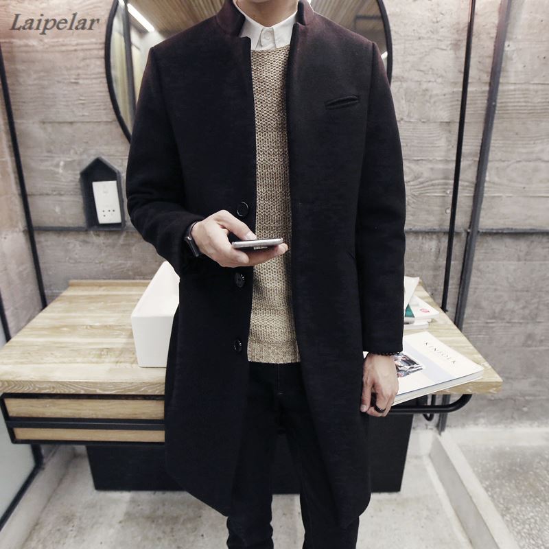 

2018 male winter stand collar single breasted slim Dust coat / men's solid color youyh plus velvet thick casual long trench, Black