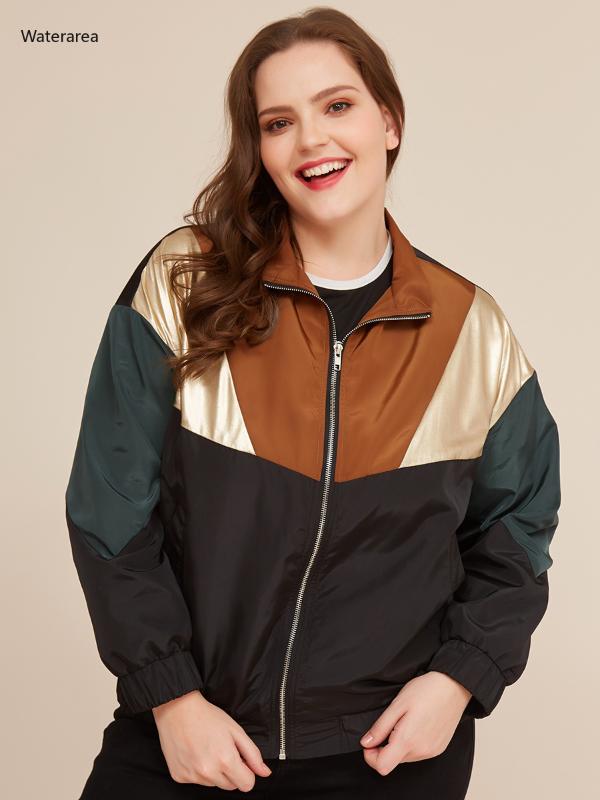 

2019 New Plus-Size Autumn Winter Turn-Down Collar Long Sleeve Color Contrast Patchwork Zip Up Jacket Fashion Coat JS178, Black