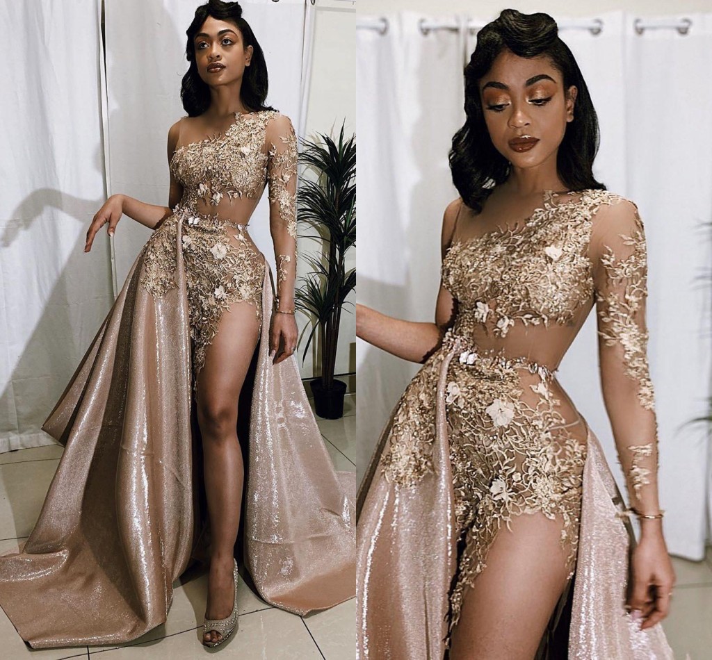 

Aso Ebi Arabian Gold Beads Prom Dresses with Detachable Train One Shoulder Long Sleeve Lace Appliques Evening Dresses Sexy Party Wear, Ivory