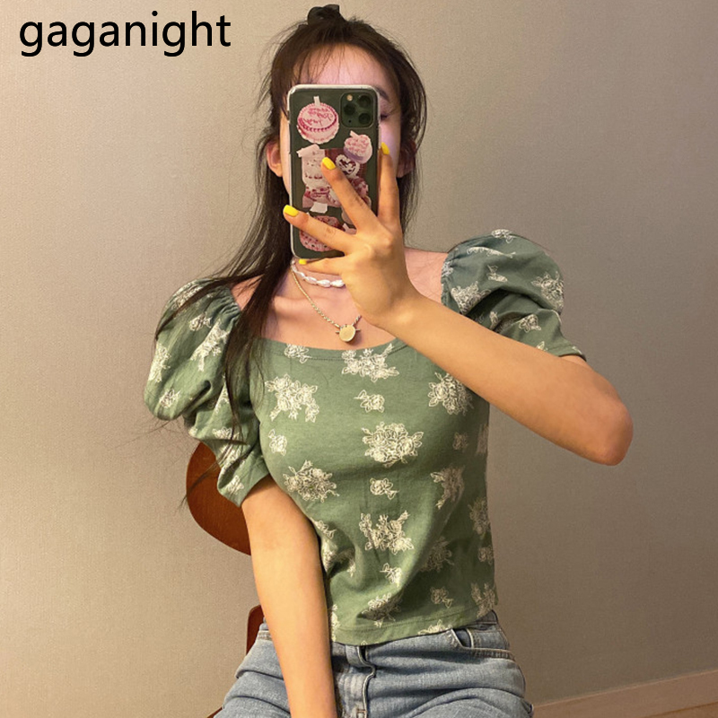 

Gaganight Chic Women Green Floral T Shirt Sexy Square Collar Slim Fit Tops Tees Korean Tshirt Short Sleeved Female Summer 2020