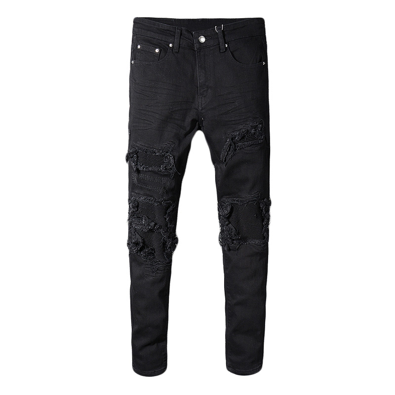 Fashion Streetwear Men Jeans Black Elastic Patchwork Slim Ripped Jeans Men Night Club Style Pants Brand Designer Hip Hop